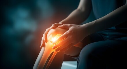 Fototapeta premium Chronic knee pain and joint arthritis visualization. Orthopedic medicine and sports injury recovery. Person holding painful knee with glowing internal bone highlight and dark background