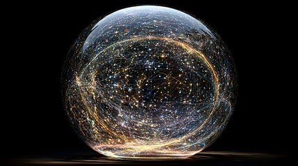 Conceptual digital sphere glowing brightly with intricate interconnected network lines representing global data flow and technological communication in darkness