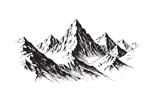 Black and white hand-drawn mountain range vector