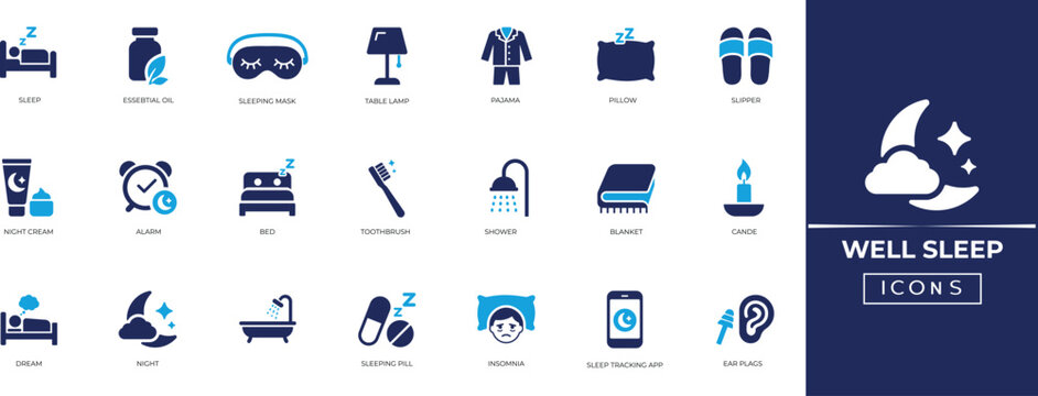 Healthy sleep icon set. Night routine, well, pillow, alarm, insomnia, wellness vector symbols. professional sleep hygiene and relaxation graphics. Solid icon collection.