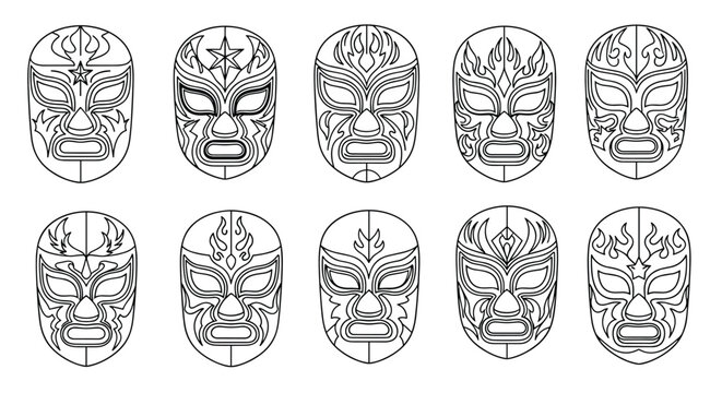 Collection of traditional Mexican lucha libre wrestling mask designs shown as black and white line art templates.