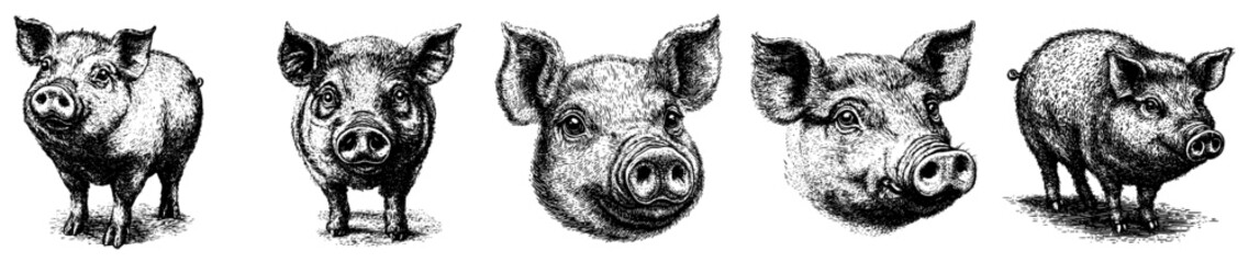 Realistic pig illustrations set in vintage engraving style © Aisha Kudorova