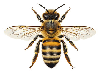 Detailed close-up illustration of a honey bee with intricate wing patterns and segmented body, highlighting its natural beauty and scientific importance in pollination