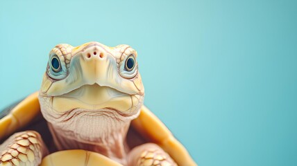 Close up of a yellow turtle on blue background with copy space