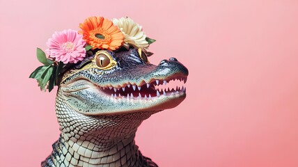 crocodile with flower bouquet on pink background, close up
