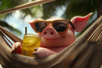 Funny pig in a hammock with a glass of lemonade