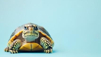 turtle on a blue background with copy space for your text.