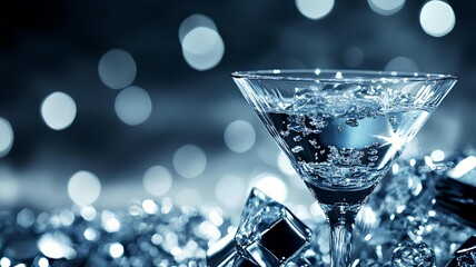 Martini glasses with ice cubes on blue bokeh background