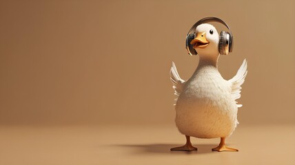 Cute duck with headphones on beige background. 3d rendering