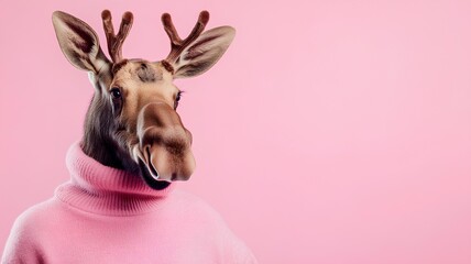 Portrait of a reindeer wearing a pink sweater on a pink background