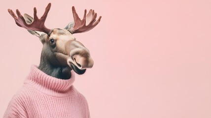 Portrait of a reindeer wearing a pink sweater on a pink background