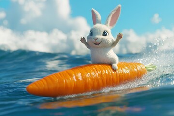 Easter bunny with carrot in the sea. 3d illustration.