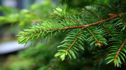 Close Up of a Vibrant Green Spruce Branch with Water Droplets in a Natural Outdoor Setting Under Soft Daylight