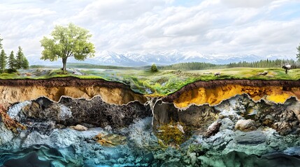 Cross section illustrating the complex structure of earth layers from the surface topsoil through subsoil to the underground water table in a lush landscape