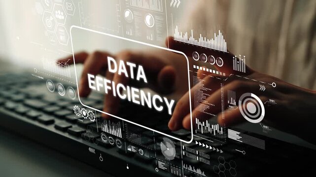 Innovative Data Efficiency Concept with Digital Interface and Keyboard Interaction in Modern Workspace. Asymptotic smart data analytic.
