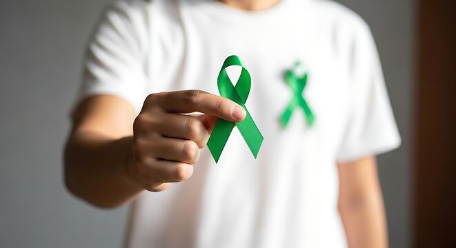 Person holding green awareness ribbon in support of mental health and wellness