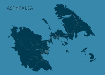 Map of Astypalea island. The island is rendered in a dark teal color against a lighter teal background. The map includes outlines of the island's shape, as well as internal details such as roads or ge