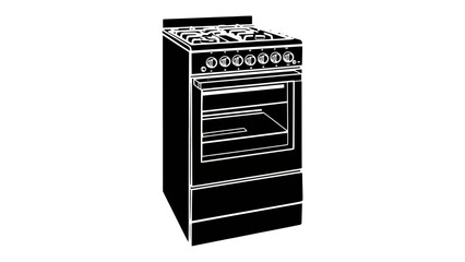 A black and white illustration of a modern gas stove oven