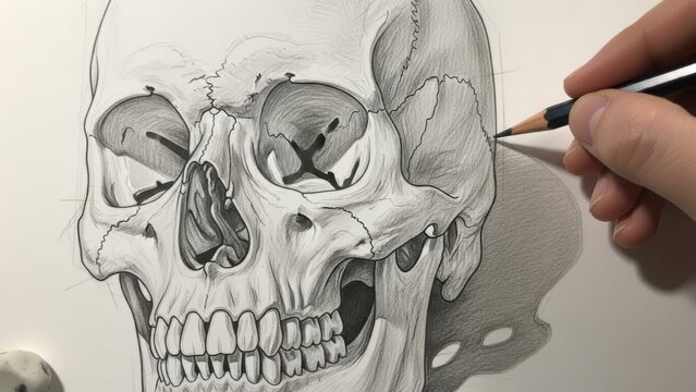 Artist Drawing Realistic Human Skull with Pencil, Detailed Sketch Artwork