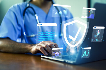 Doctor using computer AI technology to enhance electronic medical records and health insurance coordination.