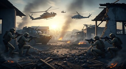 Modern Urban Warfare With Helicopters and Soldiers