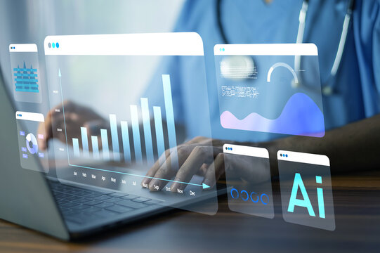 Doctor using computer AI technology to support patient care, health data management and insurance processing.
