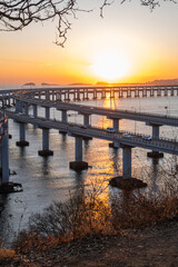 Fototapeta premium Dusk View of Xinghai Bay Bridge in Dalian, China