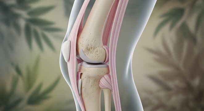 Side view of human knee joint and patella anatomy. Mobility and orthopedic care concepts. Anatomical model of a leg showing white kneecap and tendons against nature background.