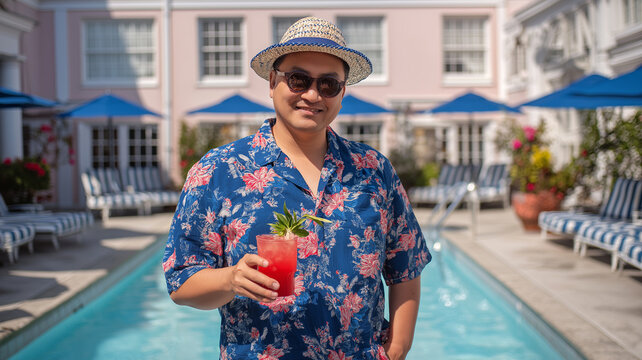 An Asian man enjoys a tropical drink while relaxing poolside on a sunny day Generative AI