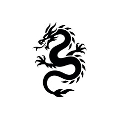 Naklejka premium Vector A powerful and majestic black silhouette of a traditional oriental dragon with intricate scales and a fierce expression, symbolizing strength and ancient mythology, stands tall.