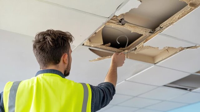 Maintenance worker inspecting water damage on a drop ceiling, removing broken acoustic tile.