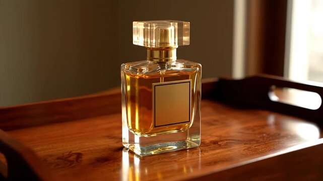 Elegant perfume bottle on a wooden tray