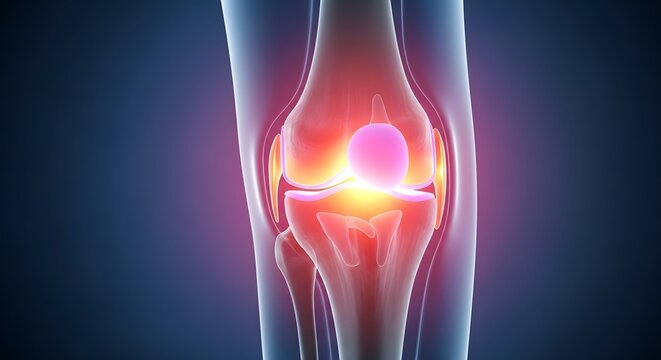 Patellofemoral pain syndrome and knee joint instability. Physiotherapy and orthopedic health solutions. Detailed bone scan of a human knee with a bright orb of light on the kneecap