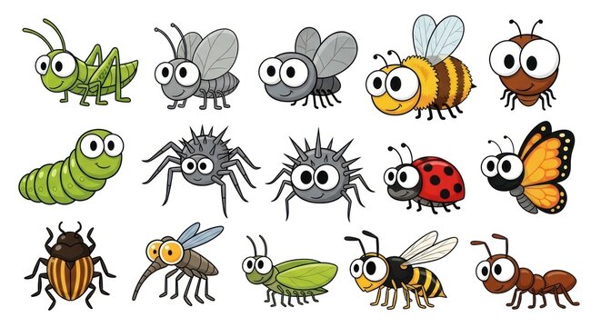 Collection of happy cartoon insects and bugs vector illustration