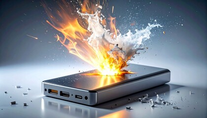 Electronic Device Explosion with Flames, Sparks, and Debris from Battery Malfunction
