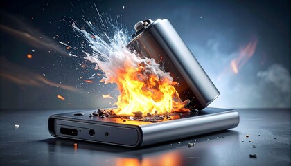Electronic Device Explosion with Flames, Sparks, and Debris from Battery Malfunction