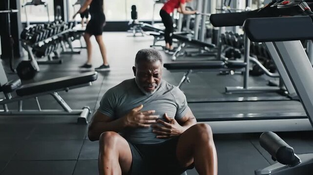 heart attack of an older African American man experiencing sudden chest pain and clutching his chest with a red glow while exercising in a gym.