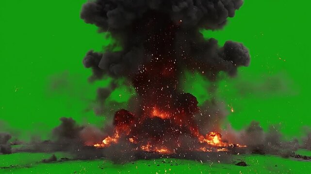 Nuclear Explosion with Green Screen Background: A massive mushroom cloud of smoke and fire erupts, its dark form contrasting against a vibrant green screen backdrop.