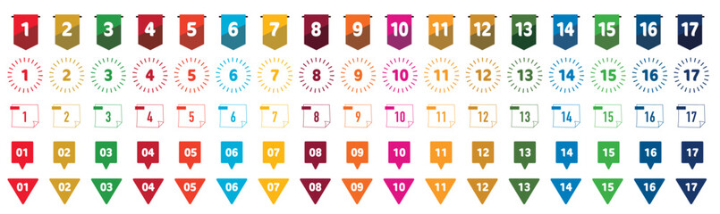 SDGsのテーマカラーとナンバーのアイコンセット。白背景にベクターイラスト。