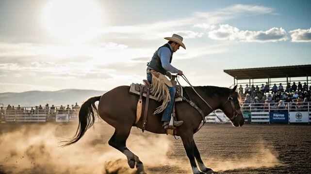 Cowboy riding a bucking bronco in a rodeo competition