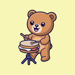Obraz premium Vector An adorable cartoon brown bear cheerfully playing a drum, holding drumsticks and sitting on a stool, set against a cheerful light yellow background.
