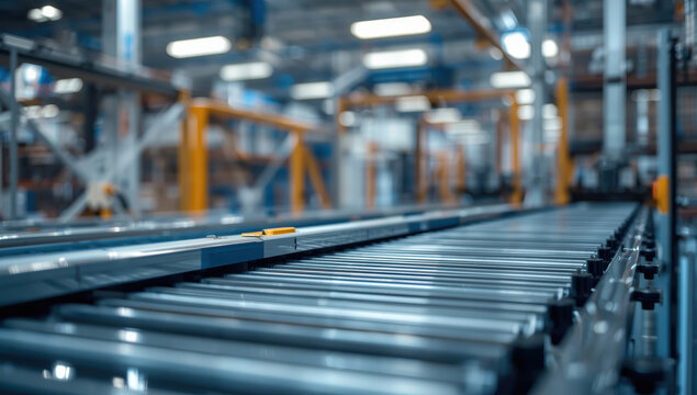 Industrial conveyor roller automated warehouse with shallow depth of field, metallic finish