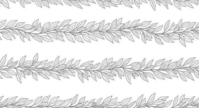 Seamless horizontal border pattern of hand-drawn laurel or bay leaves in a detailed black and white etching or engraving style.