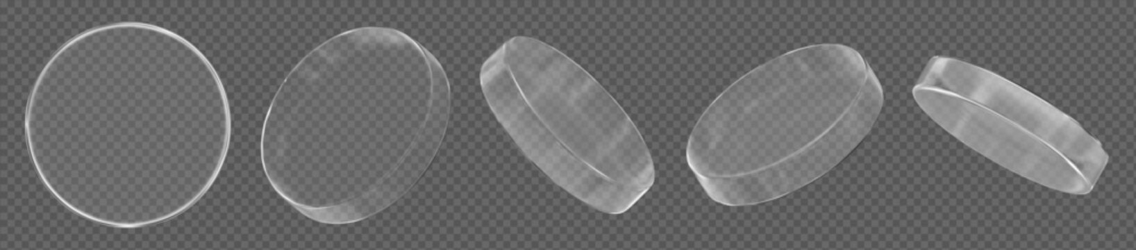 3d glass transparent coin, disk, podium or shape element with different angles. Realistic circle figure. Y2 abstract element. Stock vector illustration on isolated background.	