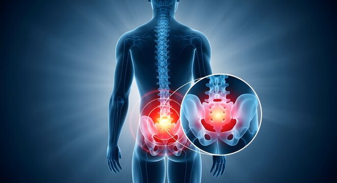 Lower back pain and spinal inflammation. Human anatomy and skeletal healthcare. Rear view of a man with glowing red lumbar vertebrae showing sciatica and pelvic joint discomfort