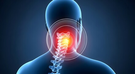 Naklejka premium Acute neck pain and spinal cord inflammation. Healthcare and neurological symptoms. Close up of human vertebrae with a glowing red target area showing chronic cervical stiffness