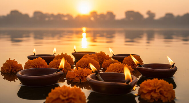 Cheti Chand soft sunrise gradient with glowing water ripples and calm spiritual mood