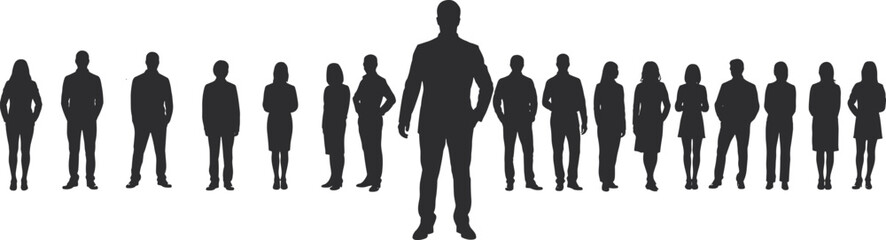 Silhouette group of business professionals with leader standing in front, symbolizing leadership, teamwork, corporate organization, unity and modern workplace collaboration concept illustration