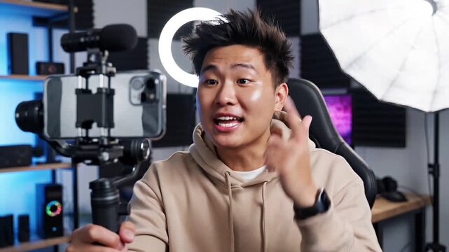Influencer recording a vlog using smartphone in a professional home studio setup. Modern content creation, social media marketing, and digital lifestyle concept in 4K resolution.