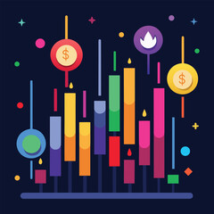 Colorful Financial Growth Chart with Candlestick Analytics and Profit Icons